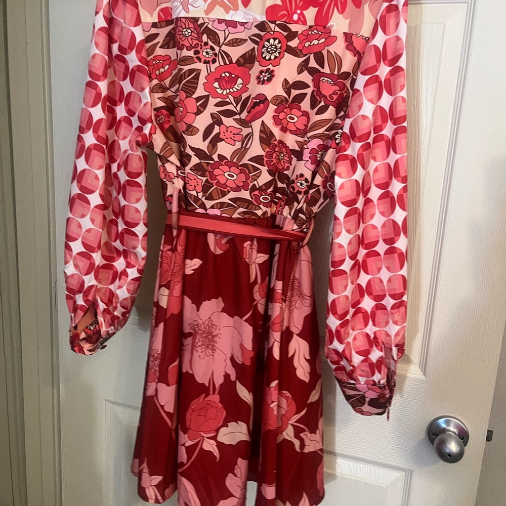 Dalia Pink and Red Wrap Sundress with Bishop Sleeves